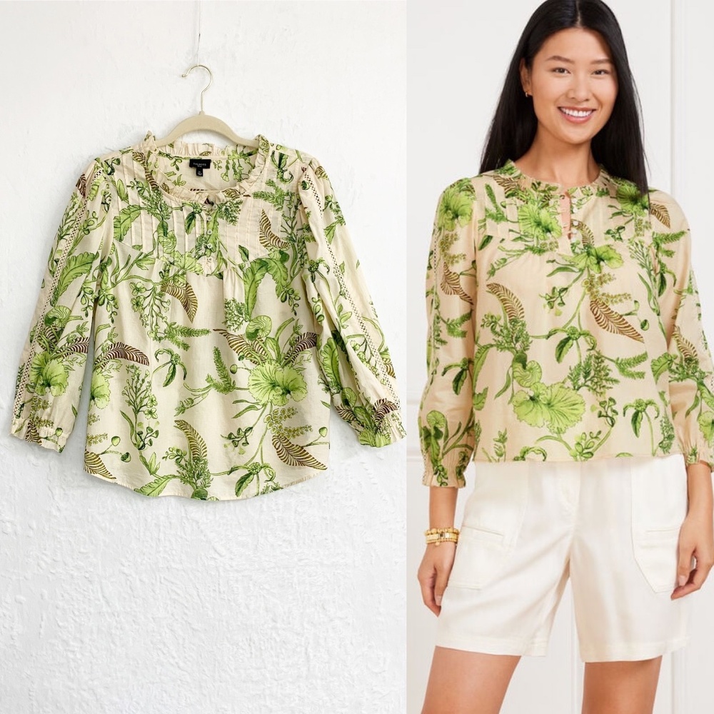 Talbots Lace Trim Pintuck Top in Branching Floral Sz LP